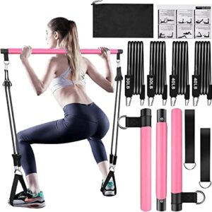 Pilates Bar Kit with Resistance Bands(4 x Resistance Bands),3-Section Pilates Bar with Stackable Bands Workout Equipment for Legs,Hip,Waist and Arm,Exercise Fitness Equipment for Women & Men