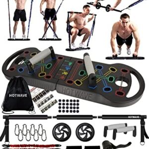 HOTWAVE Portable Exercise Equipment with 16 Gym Accessories.20 in 1 Push Up Board Fitness,Resistance Bands with Ab Roller Wheel,Full Body Workout at Home,Patent Pending