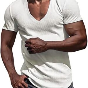 Mens 2023 Summer Knitted Ribbed Fitness Slim Fitted V Neck T-Shirts Comfy Short Sleeve Tee Tops Solid Basic Tees