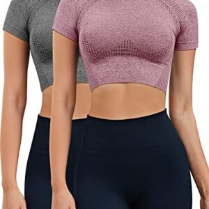 Women Workout Crop Top Short Sleeve Seamless Athletic Shirt Yoga Fitness Tight Tee Gym Cropped Tank Tops