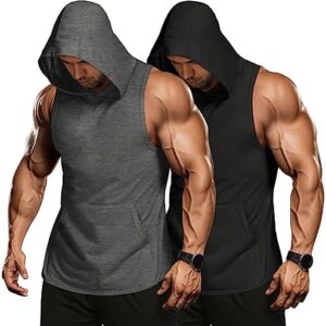 COOFANDY Men's 2 Pack Workout Hooded Tank Tops Bodybuilding Muscle Cut Off T Shirt Sleeveless Gym Hoodies