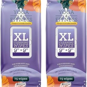 [2 Pack] Extra-Large Fitness Equipment Wipes with Durable Cloth Construction - 9X9" Gym Wipes for Equipment Cleansing - Double Seal Yoga Mat Cleaner Wipes - Lavender Scent Yoga Mat Wipes - 75 per Pack