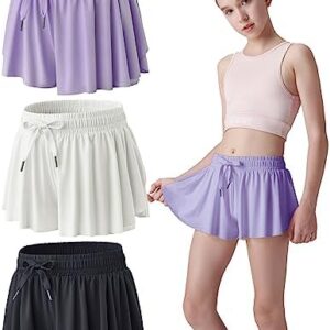 3 Pack Girls Flowy Shorts with Spandex Liner 2-in-1 Youth Butterfly Skirts for Fitness, Running, Sports