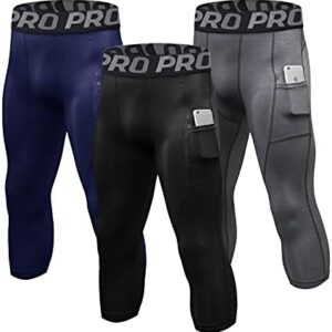 3/4 Compression Pants Men 3 Pack Running Football Pants Dry Fit Workout Leggings with Pokects Gym Sports Base Layer