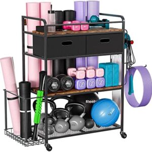 Amyove Yoga Mat Storage Racks for Yoga Mat Dumbbell Kettlebell Foam Roller Yoga Strap,Home Workout Gym Exercise Equipment Storage Rack with Drawers Hooks Wheels,Yoga Mat Holder,Fitness Gear,Gym Organizer