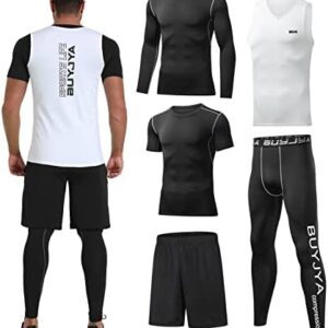 BUYJYA 5Pcs Men's Compression Pants Shirt Top Long Sleeve Jacket Athletic Sets Gym Clothing Mens Workout Valentine's Day gift