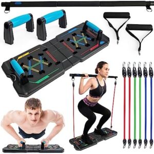 Blue Clouds - 30 in1 Pilates Bar and Push Up Board Kit - Complete Home Fitness - Total Body Exercise -Color Coded Foldable Pushup Board Fitness Tool - Reinforced Aluminum Resistance Band Bar - At Home Gym Accessories for Men and Women - Portable Gym