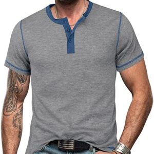 Casual Shirts for Men Short Sleeve Button Up Collared Crewneck Tops Waffle Shirt Dressy Tunic Blouses Fitness T-Shirt