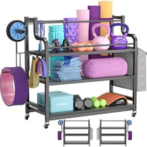 Cyclysio Yoga Mat Storage Racks, Home Gym Storage Rack Workout Equipment Organizer for Dumbbells Kettlebells Foam Roller Resistance Bands with Wheels and Hooks, Dumbbell Storage Rack, Rustic+Black