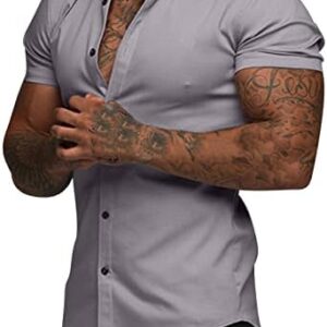 DASAYO Mens Muscle Short Sleeves Button Down Shirts Solid Color Shirt Exercise and Fitness Comfy Loose Fit Shirt Blouse 2023