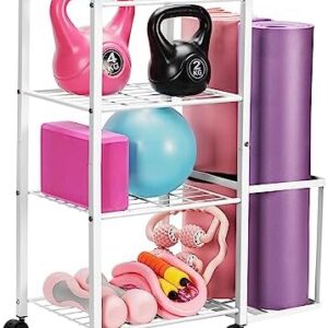 Emfogo Yoga Mat Holder Home Gym Storage Rack Yoga Mat Workout Storage for Foam Roller, Yoga Strap and Resistance Bands, Weight Rack for Dumbbells Workout Equipment Storage Organizer With Wheels