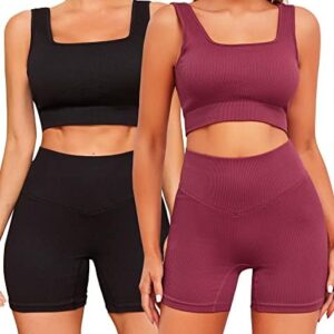 FINETOO Workout Sets for Women 4 Pieces Ribbed Crop Tank Shorts Active Gym Exercise High Waisted Sports Yoga Outfit S-L