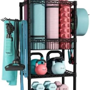 FUTASSI Home Gym Storage, Yoga Mat Storage and Organizer Rack, Portable and Movable Workout Equipment Storage Rack for Yoga Mats, Dumbbells, Kettlebells, Foam Rollers, Resistance Bands, Black