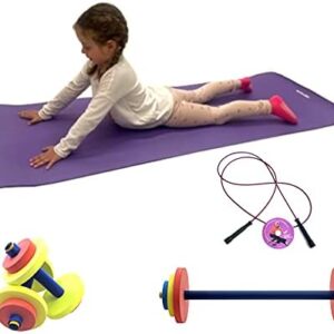 Fun & Fitness for Kids® Complete Fitness Set, Dumbbells, Barbell Set, Foam Yoga Mat, Adjustable Jump Rope, Jump Rope Trainer Video