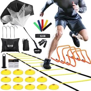 GHB Agility Ladder,Football Training Equipment Set,4 Agility Hurdles, 20 Feet 12 Rungs Speed Ladder,12 Disc Cones,Resistance Parachute, Jump Rope, 4 Resistance Bands for Workout