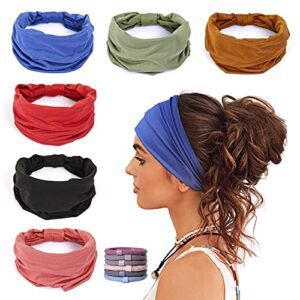 GiLi 6 Pack Wide Headbands for Women Non Slip Soft Elastic Hair Bands Yoga Running Sports Workout Gym Head Wraps, Knotted Cotton Cloth African Turbans Bandana (with 6 Pcs Hair Ties)