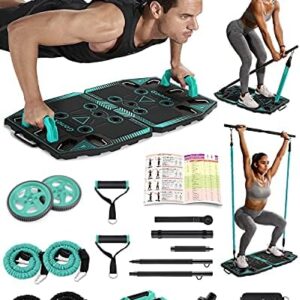 Gonex Portable Home Gym Workout Equipment with 14 Exercise Accessories Ab Roller Wheel,Elastic Resistance Bands,Push-up Stand,Post Landmine Sleeve and More for Full Body Workouts System