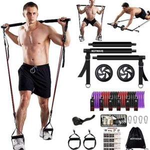 HOTWAVE Pilates Bar Kit with Resistance Bands. Fitness Bar with Ab Roller for Abs Workout. Squat Machine.Core Strength Training Equipment.Portable Home Gym for Men and Women