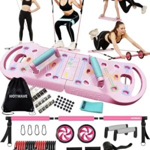 HOTWAVE Portable Home Gym with 16 Fitness Accessories,Push Up Board with Resistance Bands,Ab Roller Wheel,Pilates Bar Workout Squats,Pink Strength Training Equipment for Women