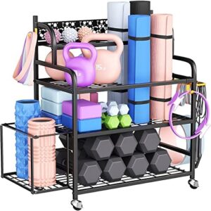 Home Gym Storage Rack, Yoga Mat Storage Rack Yoga Mat Holder, VOPEAK Gym Rack Organizer Workout Storage for Dumbbells Yoga Mats Foam Rollers Kettlebells, Gym Equipment Storage Rack with Hooks (Metal)