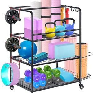 Home Gym Storage Rack, Yoga Mat Storage Racks, All in One Workout Equipment Storage Organizer for Yoga Ball Dumbbell Kettlebells Foam Roller Resistance Bands, Exercise Shelf with Hooks and Wheels