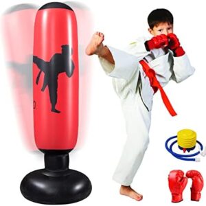 Inflatable Punching Bag for Kids, Freestanding Kids Boxing Bag with Stand, 63 inch Punching Bag with Air Pump and Boxing Gloves for Karate Kickboxing, Workout Equipment, Gift for Boys Girls