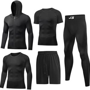 JULY'S SONG Men Compression Workout Set 5 PCS Dry Quick Shirt Pants Shorts Tights Jacket Clothes for Gym