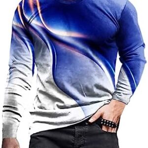 KCaHFO Mens Shirt Trendy 3D Printed Graphic Tees Slim Casual Round Neck Long Sleeve Pullover Sweatshirt Color Block T-Shirt