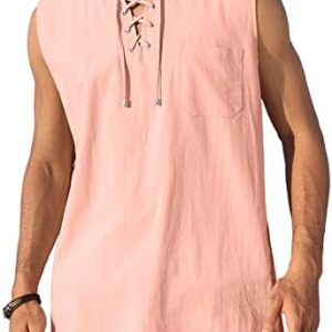 KUYIGO Men's Cotton Linen Tank Top Shirts Casual Stylish Men’s Shirts Sleeveless Lace Up Beach Hippie Tops