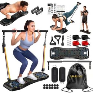 LALAHIGH Home Workout Equiptment: Portable Exercise Push Up Board, Strength Training Sets with Pilate Bar & 20 Fitness Accessories with Resistanve Bands & Ab Roller Wheel - Full Body Workout Black