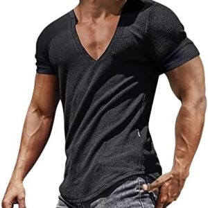 Mens 2023 Summer Knitted Ribbed Fitness Slim Fitted V Neck T-Shirts Comfy Short Sleeve Tee Tops Solid Basic Tees