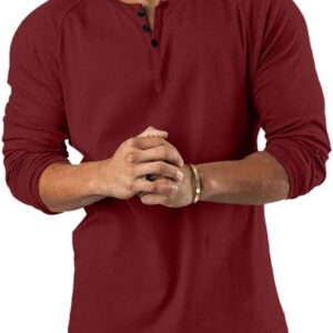 Mens 3 Button Henley Shirts Loose Fit V-Neck Shirt Classic Long Sleeve Henley