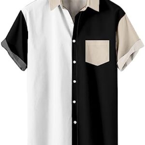 Men's Casual Button Up Shirt Pocket Short Sleeve Colorblock Lapel Collar Tops Slim Fit Sports Fitness Hipster Tees