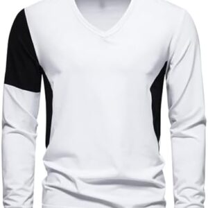 Mens Casual Slim Fit Long Sleeve T-Shirts Soft Lightweight V-Neck Shirt Colorblock Tee Shirts 2023 Fall Pullover Top