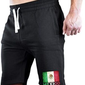 Men's Chest Mexico Flag Black Fleece Jogger Sweatpant Gym Shorts