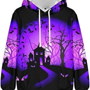 Men's Fashion Hoodies Novelty 3D Halloween Castle Bats Print Pullover Loose Sweatshirts For Halloween Holiday Party