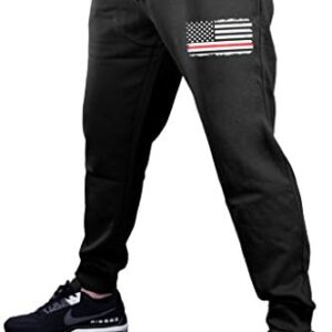 Men's Firefighter USA Red Flag Chest Black Fleece Gym Jogger Sweatpants