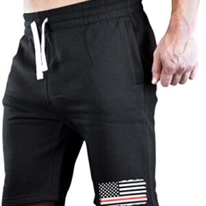 Men's Firefighter USA Red Flag Chest Black Fleece Jogger Sweatpant Gym Shorts