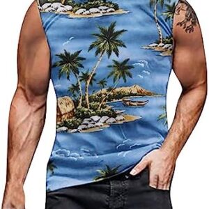 Men's Vintage Distressed Sleeveless Muscle Shirts Coconut Tree Print Workout Tank Tops Gym Fitness Bodybuilding Vest