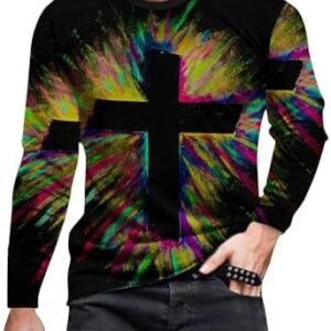 Men's Vintage Oil Painting Faith Jesus Cross Print Casual T-Shirts Tie Dye Crewneck Sweatshirt Long Sleeve Shirts