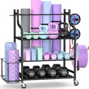 Mythinglogic Yoga Mat Storage Racks,Home Gym Storage Rack for Dumbbells Kettlebells Foam Roller, Yoga Strap and Resistance Bands, Workout Equipment Storage Organizer With Hooks and Wheels