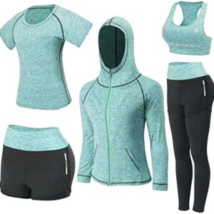 Nesyd Workout Sets for Women 5 Piece Yoga Exercise Gym Outfits Sport Running Athletic Clothing Set Tracksuits Activewear