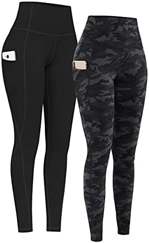 PHISOCKAT 2 Pack High Waist Yoga Pants with Pockets, Tummy Control Leggings, Workout 4 Way Stretch Yoga Leggings