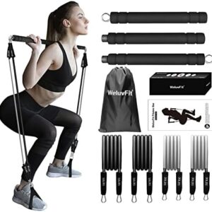 Pilates Bar Kit with Resistance Bands, WeluvFit Exercise Fitness Equipment for Women & Men, Home Gym Workouts Stainless Steel Stick Squat Yoga Pilates Flexbands Kit for Full Body Shaping