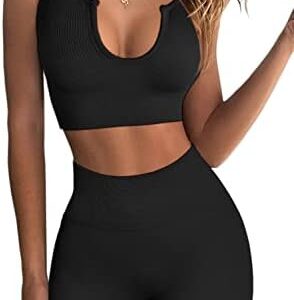 QINSEN Workout Outfits for Women 2 Piece Ribbed Seamless Crop Tank High Waist Yoga Leggings Sets