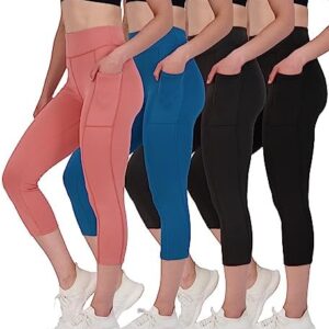 Real Essentials 4 Pack: Women's Capri Leggings with Pockets Casual Yoga Workout Exercise Pants (Available in Plus Size)