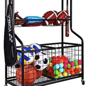 Signature Fitness Garage Sports Equipment Organizer, Garage Ball Storage, Sports Gear Storage, Garage Organizer with Baskets and Hooks, Rolling Sports Ball Storage Cart, Black, Steel, Multiple Styles