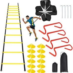 Speed & Agility Ladder Training Equipment Set, Includes 12 Rung 20ft Agility Ladder, 4 Agility Hurdles,12 Disc Cones, 1 Resistance Parachute for Training Football Soccer Basketball Athletes