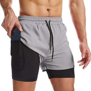 Surenow Mens 2 in 1 Running Shorts Quick Dry Athletic Shorts with Liner, Workout Shorts with Zip Pockets and Towel Loop