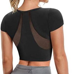 TrainingGirl Women's Slim Fit Workout Tops Mesh Back Yoga Crop Tops Short Sleeve Athletic Gym Fitness Shirt with Built in Bra